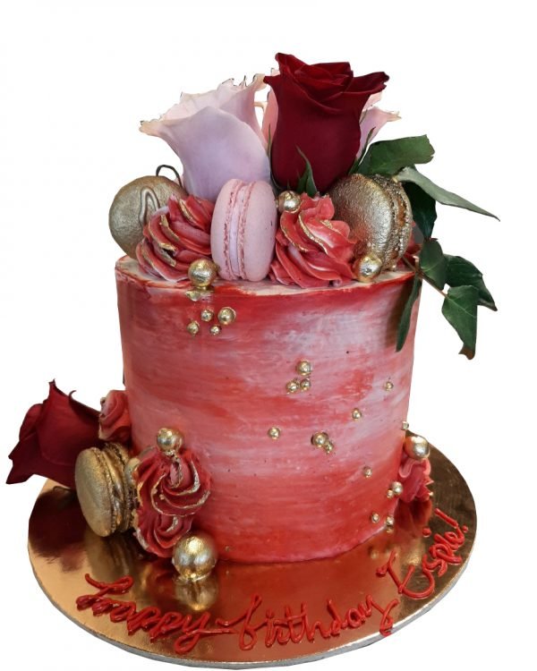 Red & Gold Macarons and Flowers ( flowers provided by customer)