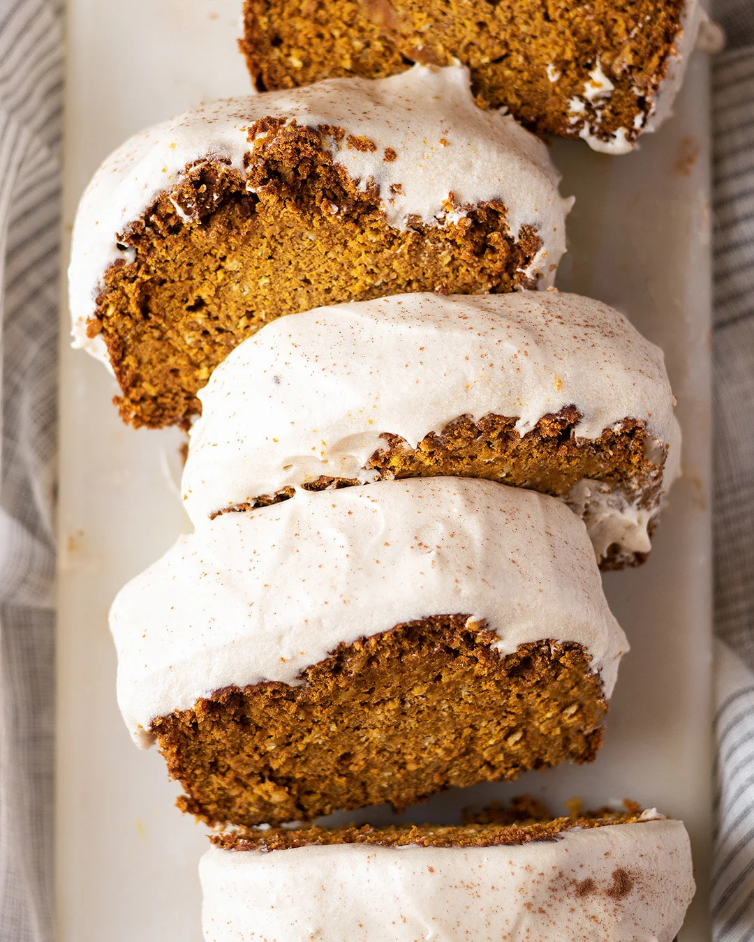 GF Pumpkin Loaf Slice with Maple Cream Cheese Frosting