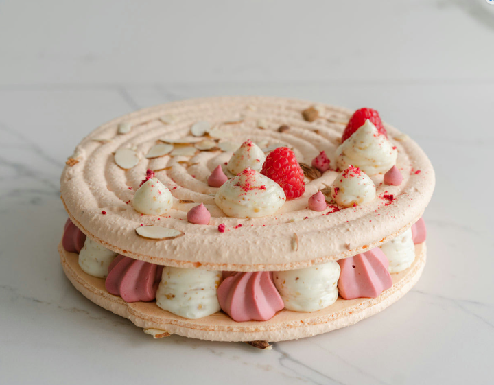   Raspberry Peach Macaron Gateau