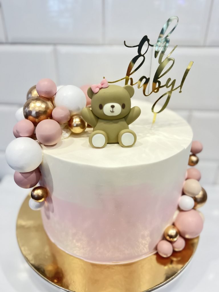 Baby Shower Cake with Pink and Gold Balls